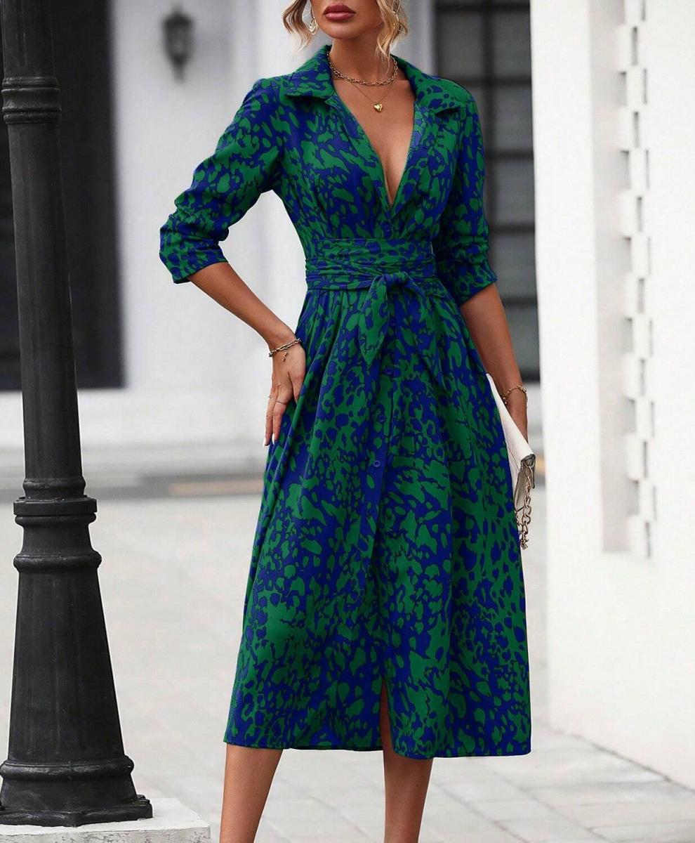 Women's Printed Long Sleeve Belted Midi Shirt Dress Slit