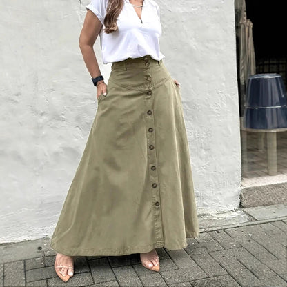 Women's High Waist Button Front Maxi Skirt A-Line Pockets