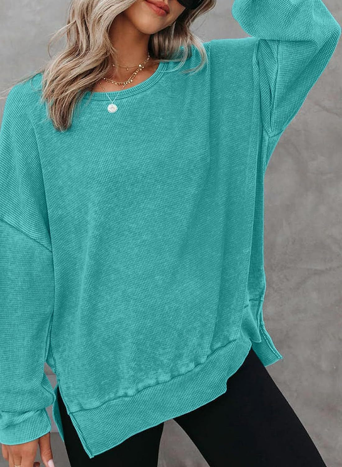 Waffle Split Hem Sweatshirt Women Casual Long Sleeve Top