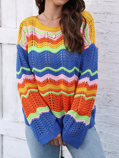 Women's Rainbow Pattern Intercolor Splicing Striped Long Sleeve Sweater