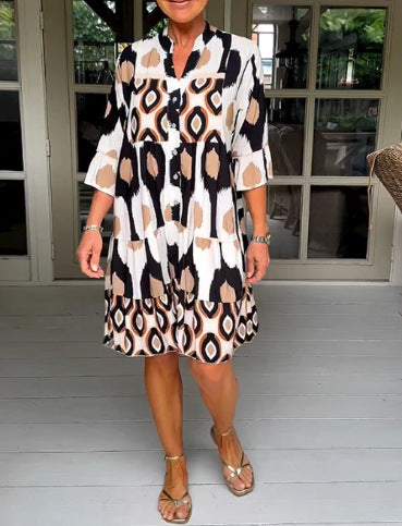 Women's Boho Geometric Tiered Midi Dress 3/4 Sleeve
