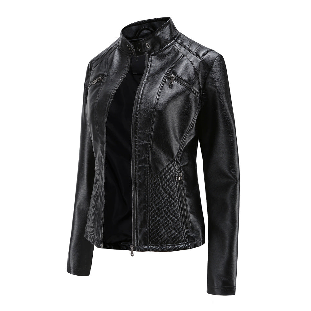 Women's Quilted Faux Leather Moto Jacket Zip Slim Fit