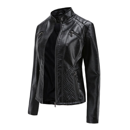 Women's Quilted Faux Leather Moto Jacket Zip Slim Fit