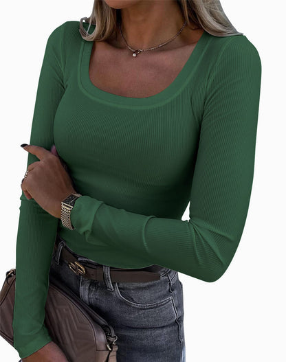 Women's Ribbed Scoop Neck Long Sleeve Fitted Top