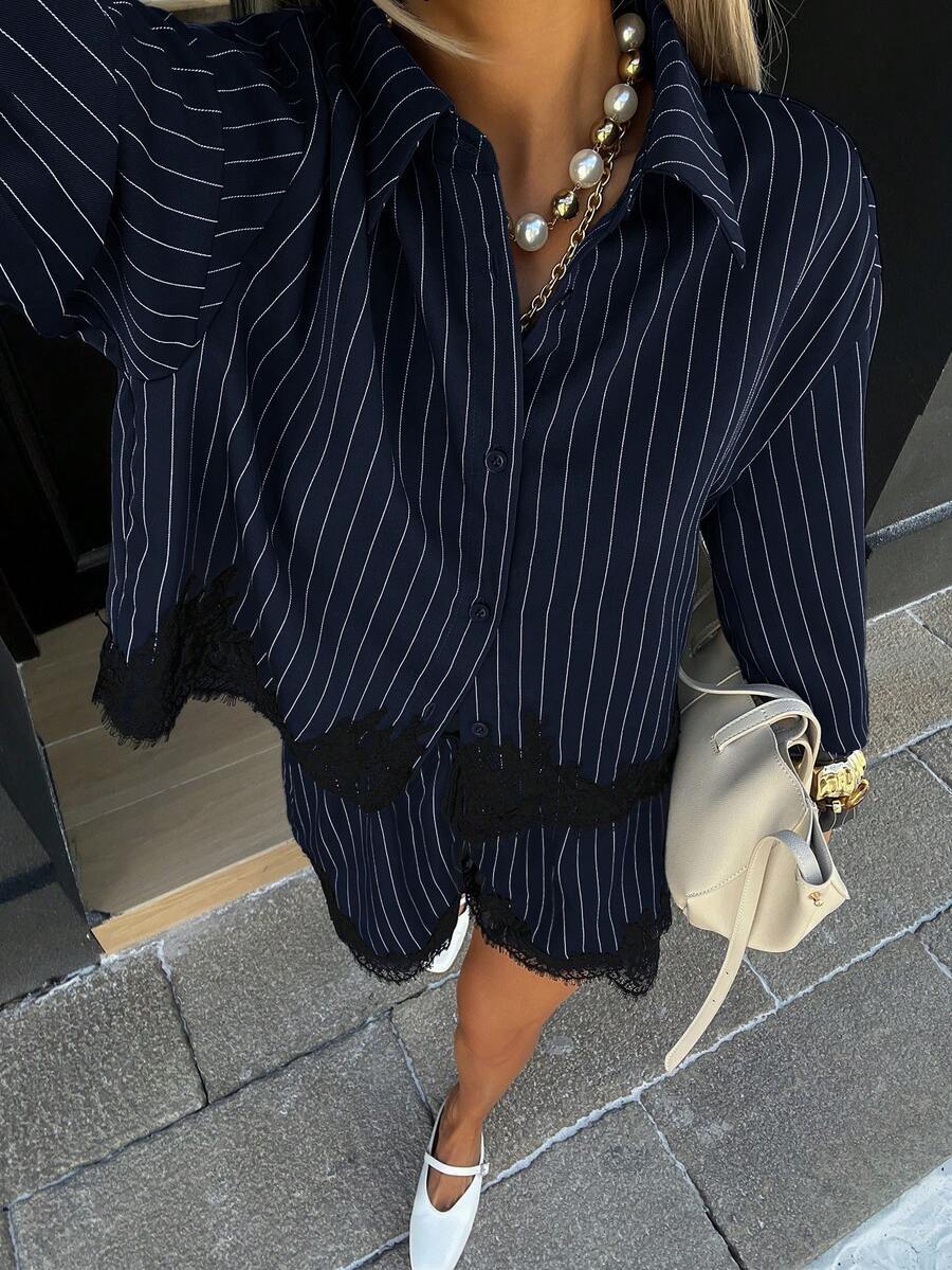Lace Trim Striped Shirt & Drawstring Shorts Set