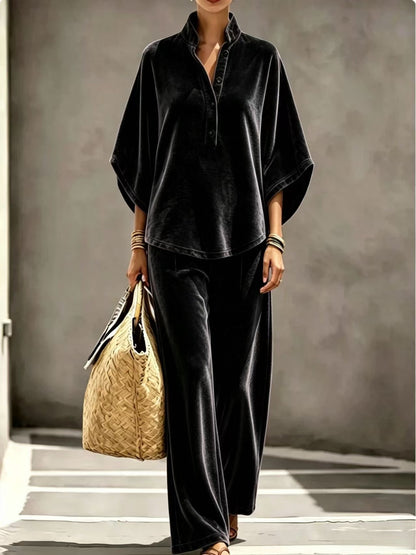 Women's Velvet Two Piece Set Oversized Wide Leg Pants