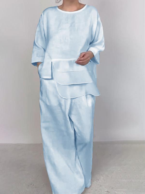 Satin Layered Top Wide Leg Pants Two Piece Set
