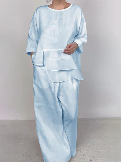 Satin Layered Top Wide Leg Pants Two Piece Set