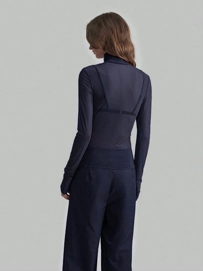 Solid Mesh Turtleneck Top Long Sleeve Fitted Blouse