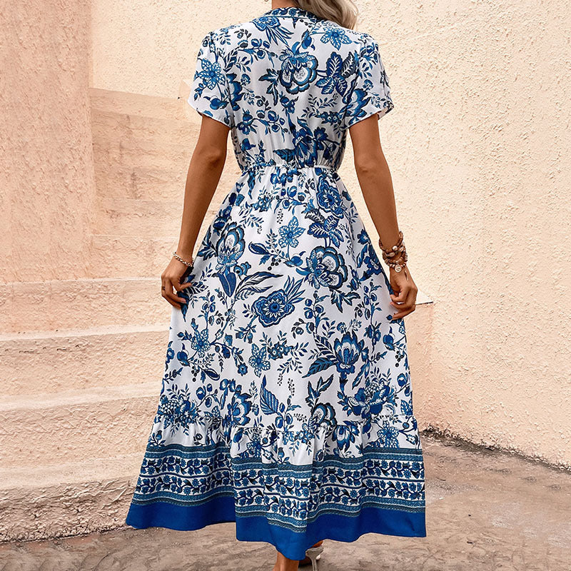 Blue Floral Boho Maxi Dress V Neck Vacation Midi Dress