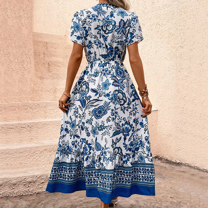Blue Floral Boho Maxi Dress V Neck Vacation Midi Dress