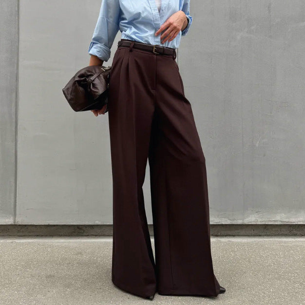 Women's Mocha Brown Pleated High Waist Wide Leg Trousers