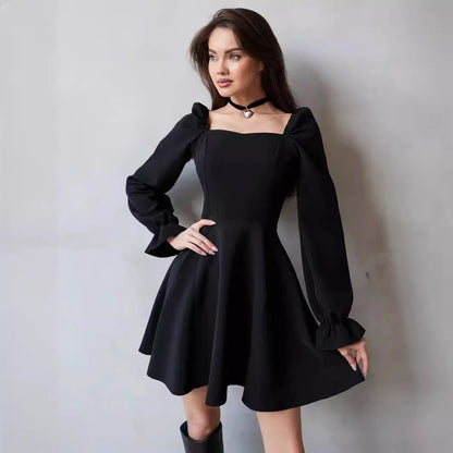 Black Satin Square Neck Puff Sleeve Party Dress