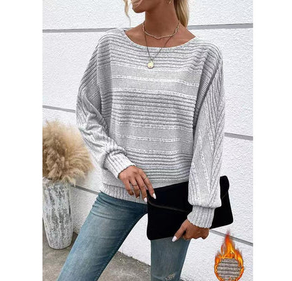 Women's Loose Ribbed Long Sleeve Crew Neck Pullover Top