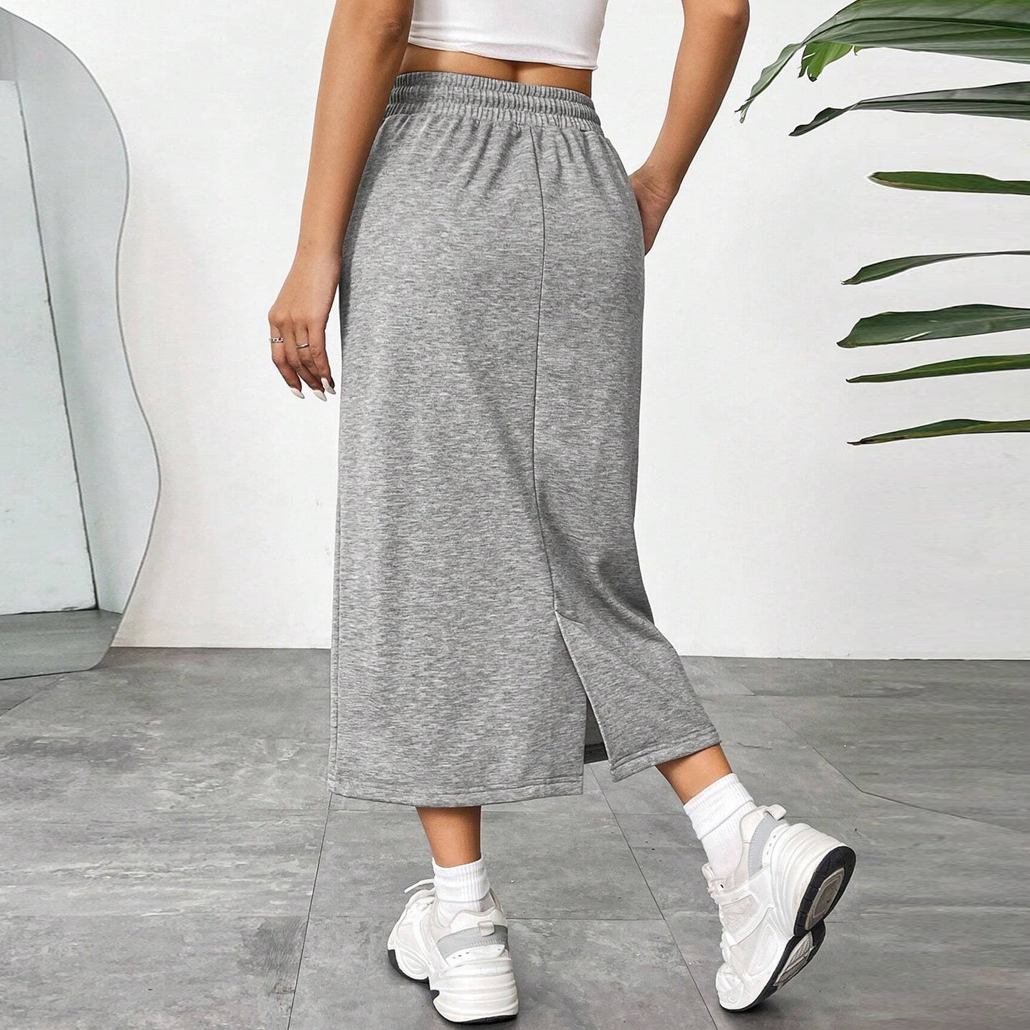 Solid Midi Skirt Drawstring Waist Pocket Slit Casual