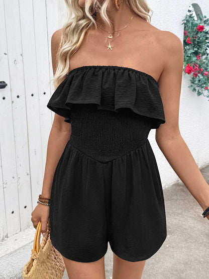 Ruffle Strapless Romper Smocked Waist Vacation Outfit