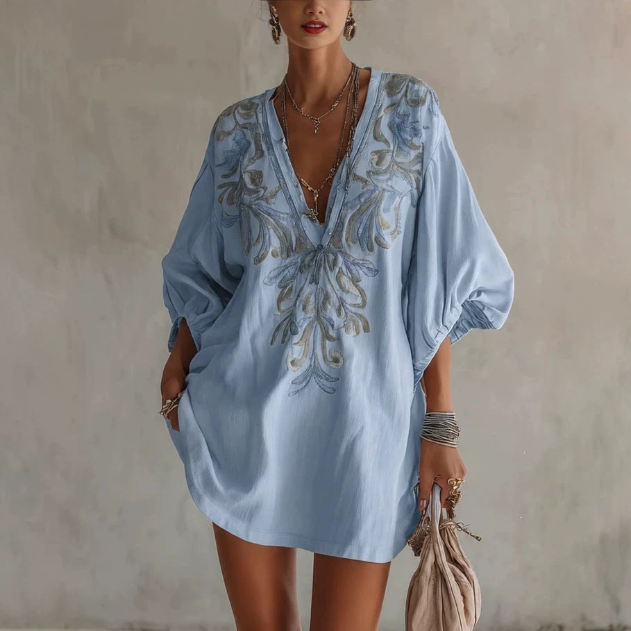 Women's Boho Deep V-Neck Floral Mini Dress with Pockets