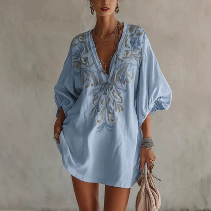 Women's Boho Deep V-Neck Floral Mini Dress with Pockets