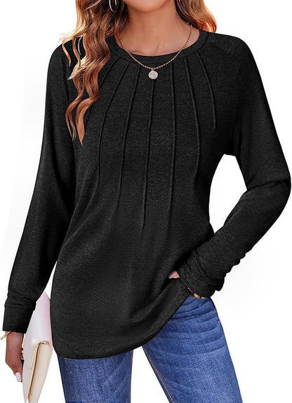 Women's Pleated Crew Neck Long Sleeve Casual Top