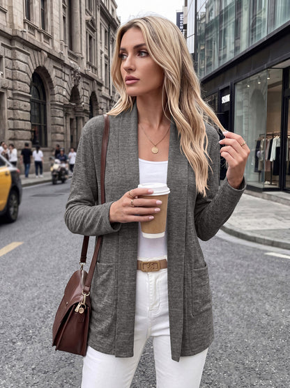Pocket Open Front Cardigan Long Sleeve Knit Top
