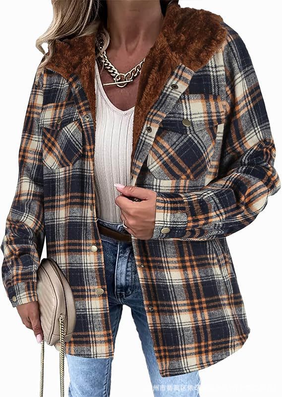 Women's Plaid Hooded Fleece Lined Wool Shacket