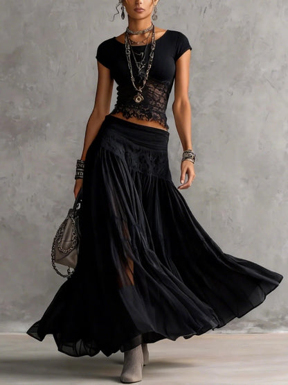 Women's Boho Knit Top and Flowy Maxi Skirt Set
