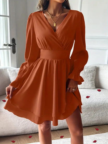 Women's V Neck Long Sleeve Layered Ruffle Mini Dress