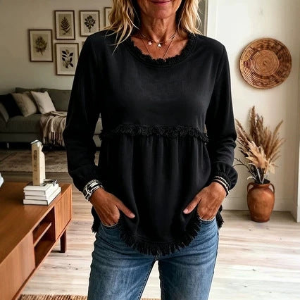 Women's Velvet Fringe Trim Long Sleeve Casual Top