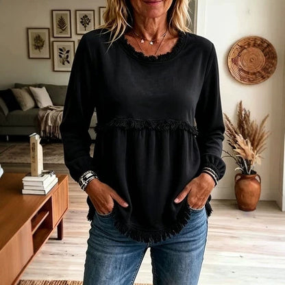 Women's Velvet Fringe Trim Long Sleeve Casual Top