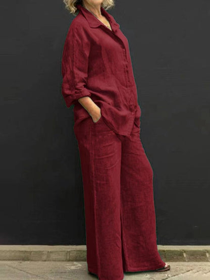 Linen Blend Shirt and Wide Leg Pants Two Piece Set