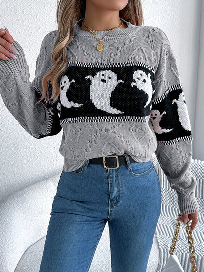 Ghost Print Colorblock Sweater - Halloween Fall Pullover
