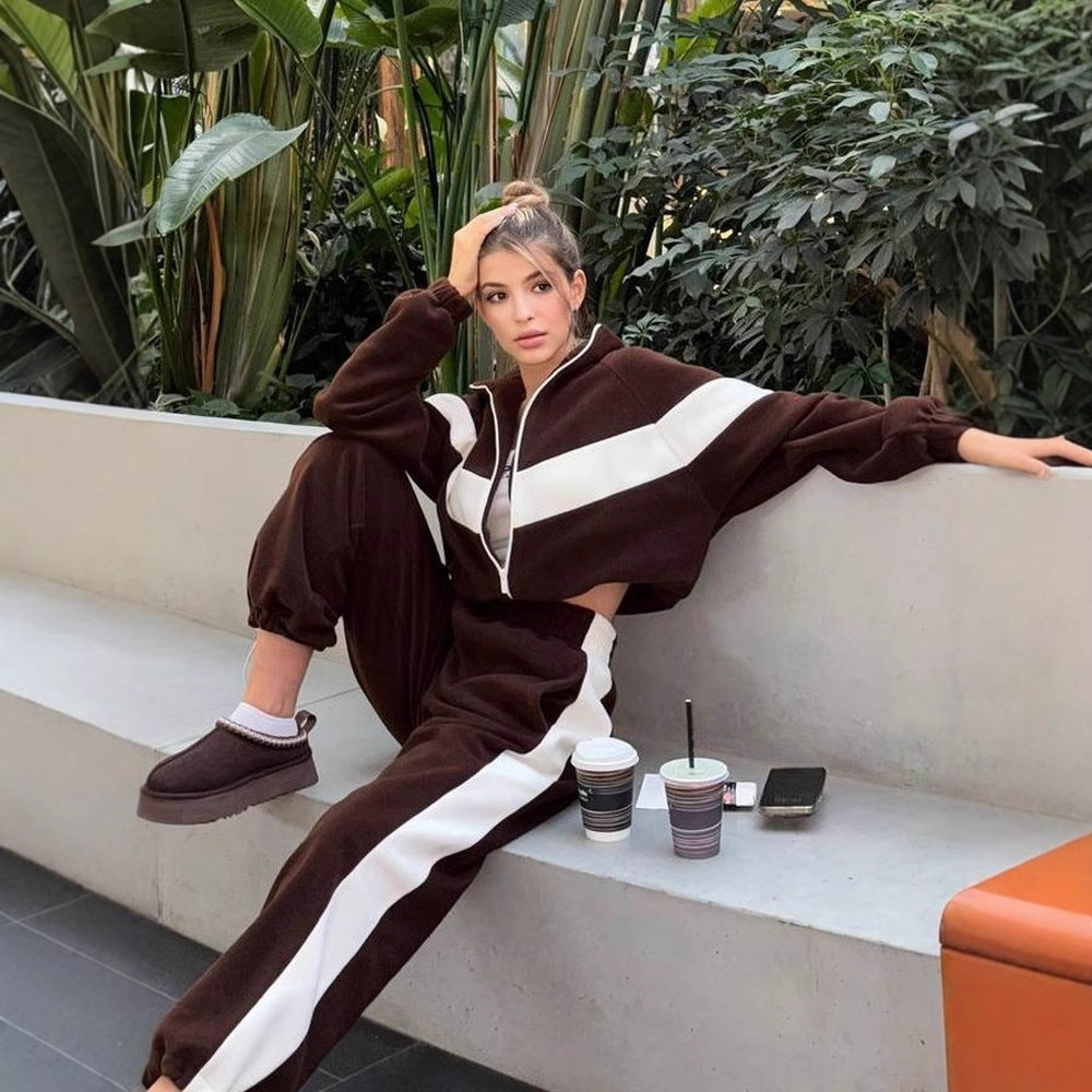 Womens Color Block Zip Up Tracksuit 2 Piece Set