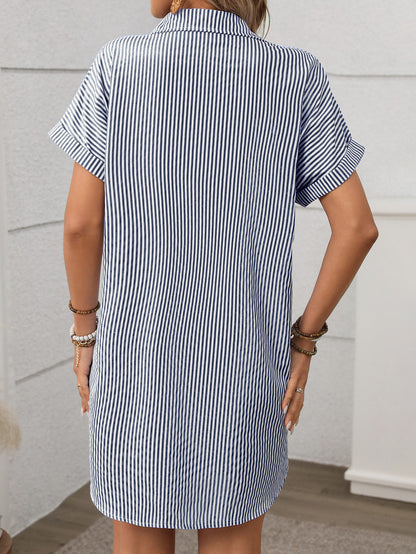 Striped Short Sleeve Shirt Dress Casual Summer Style