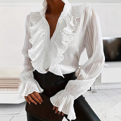 White Ruffle Blouse Bell Sleeve Button Up Top