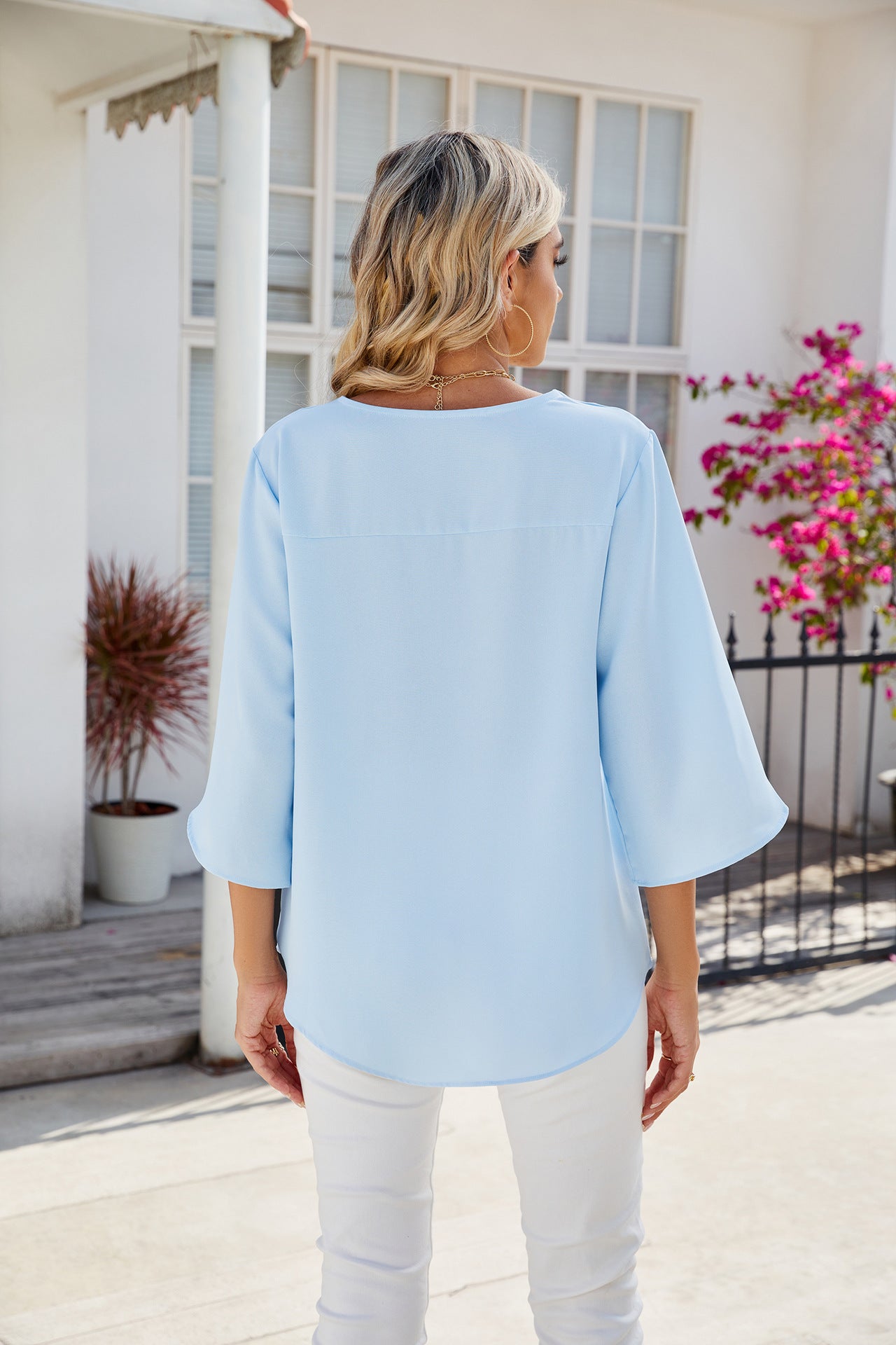 Solid Chiffon Blouse V Neck Loose Fit Custom Top