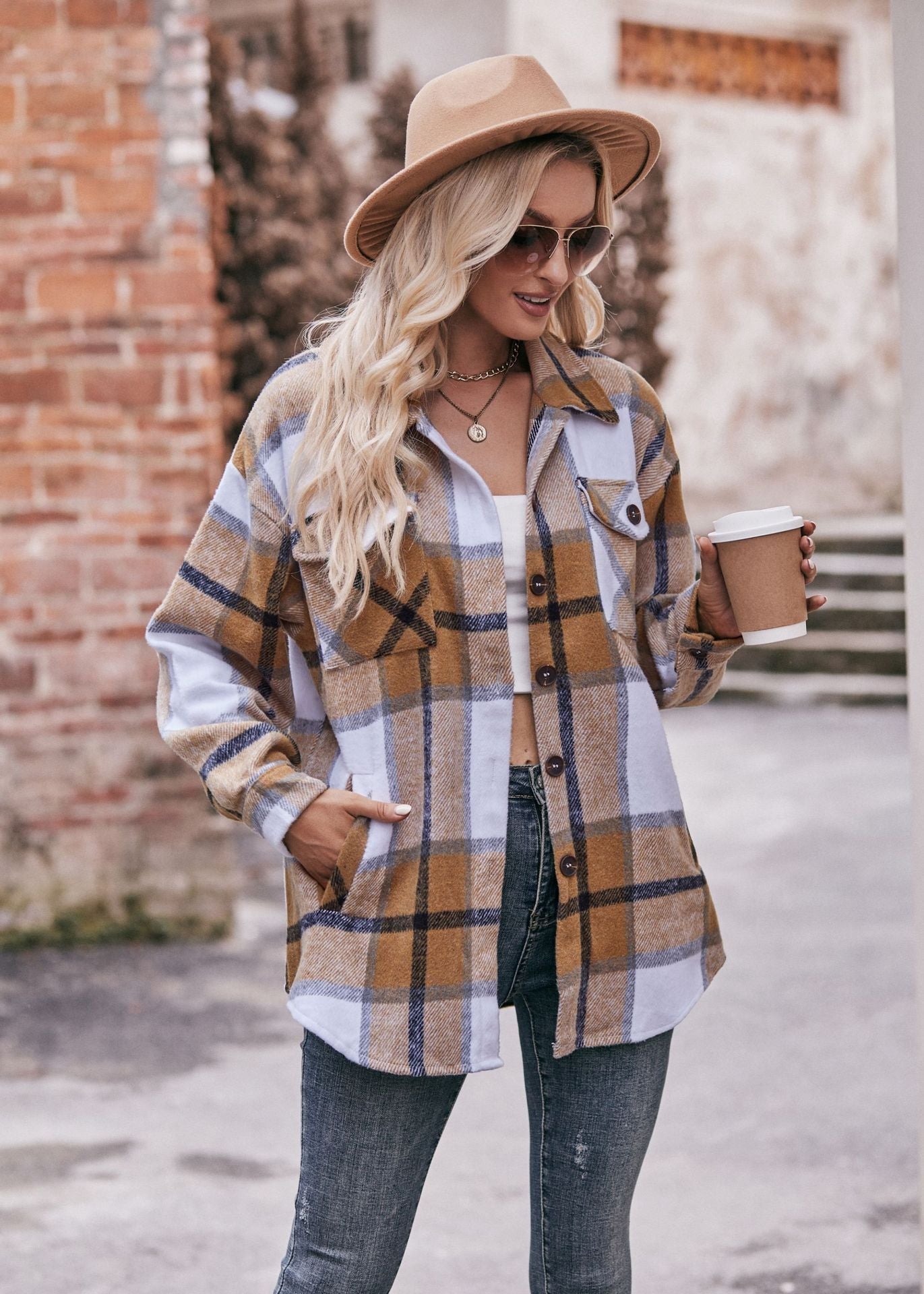 Plaid Flannel Shacket Button Front Pocket Oversized Jacket