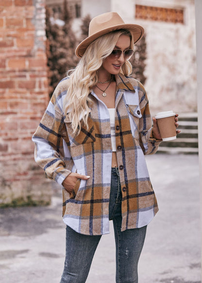 Khaki Women's Oversized Plaid Flannel Shacket with Chest Pocket