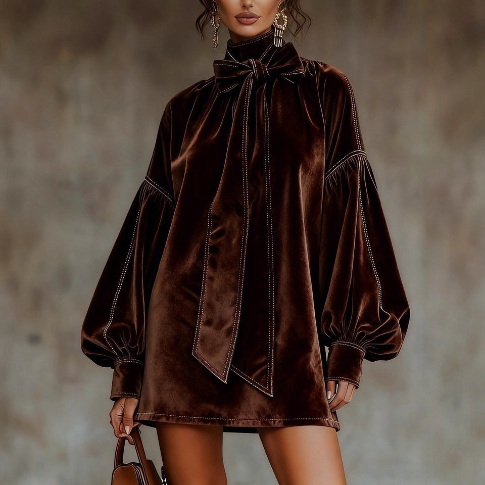 Velvet Tie Neck Balloon Sleeve Mini Dress
