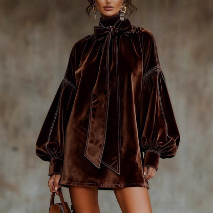 Velvet Tie Neck Balloon Sleeve Mini Dress