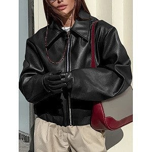 Women's Oversized Faux Leather Moto Jacket Zip Up
