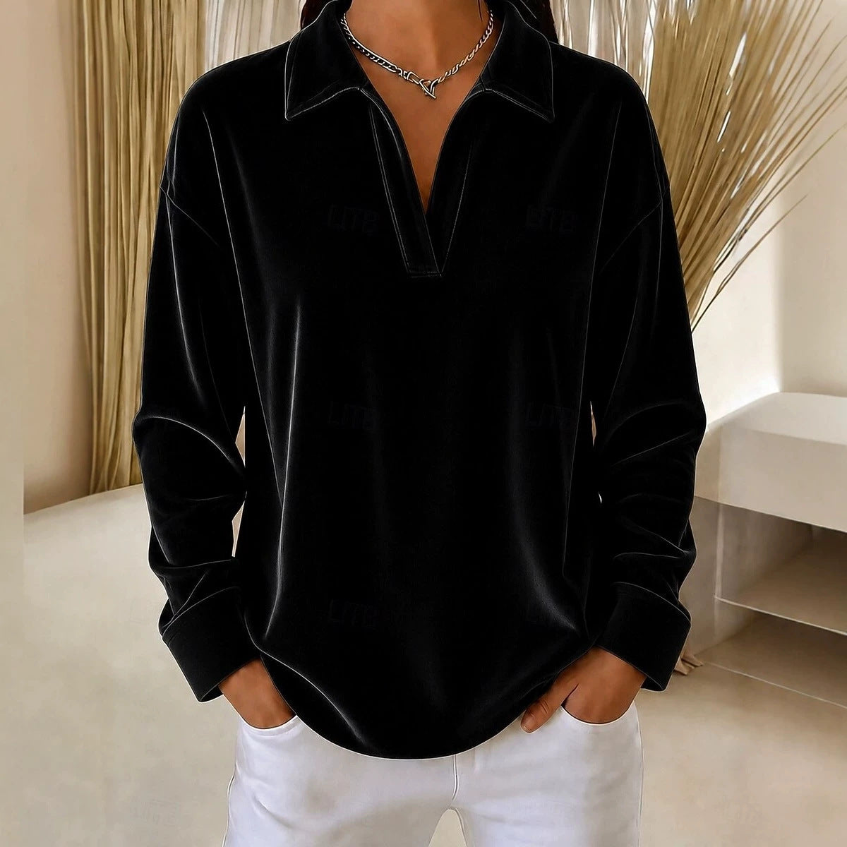 Women's Velvet Collared V-Neck Long Sleeve Casual Top