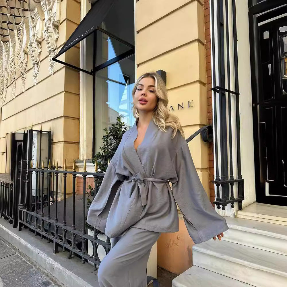 Women's Belted Wrap Top and Pants Two Piece Set