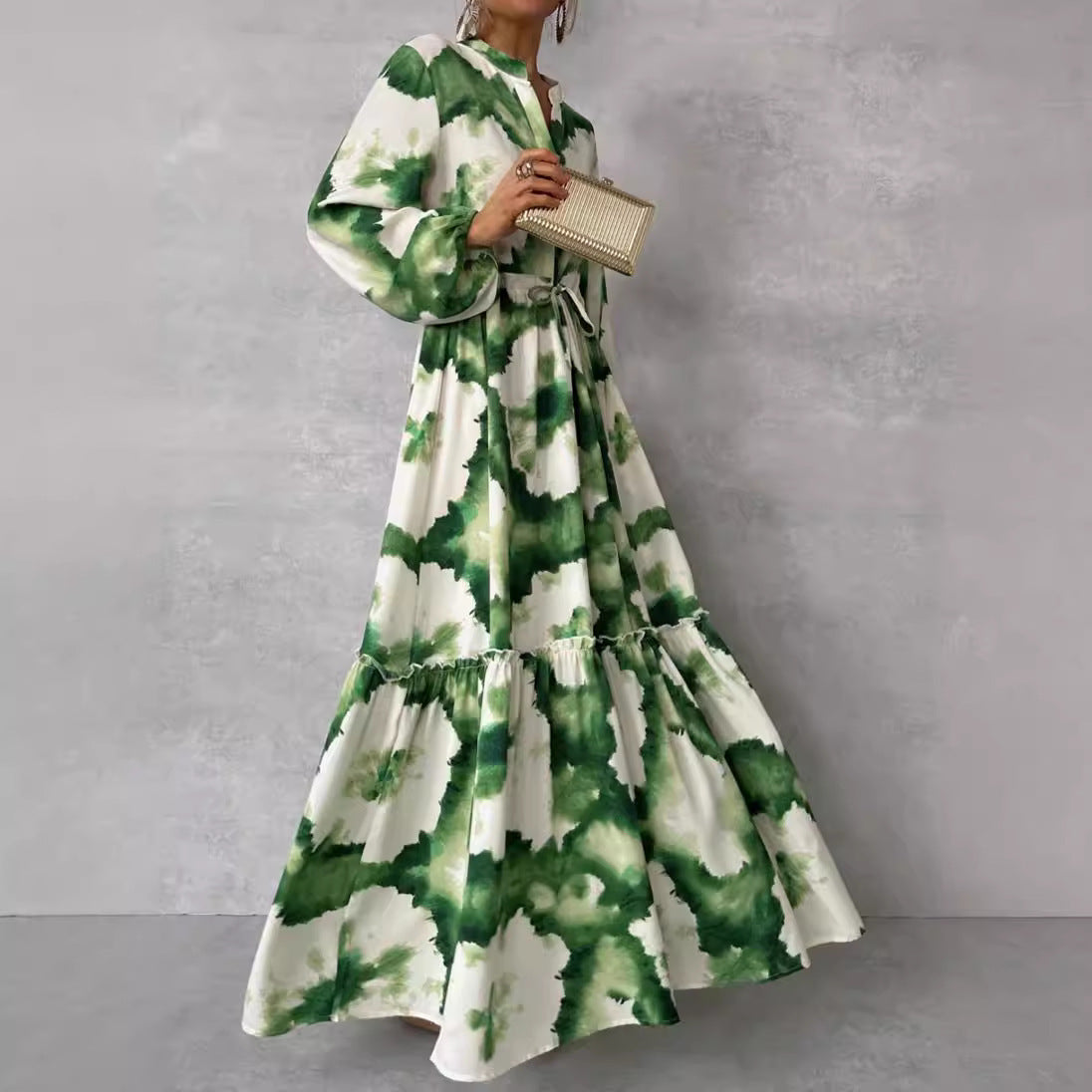Women's Boho Tie Waist Tiered Maxi Dress Long Sleeve