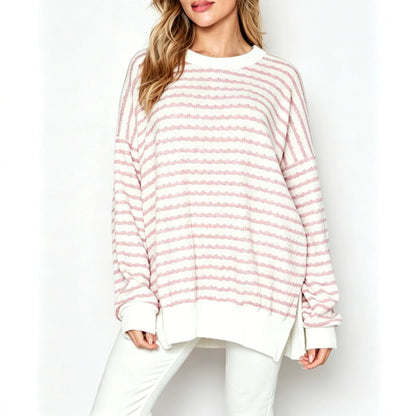 Oversized Stripe Knit Sweater Crew Neck Side Slit Pullover