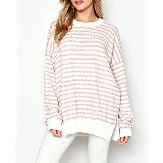Oversized Stripe Knit Sweater Crew Neck Side Slit Pullover