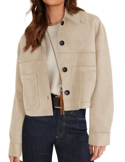 Faux Suede Cropped Button Front Jacket with Pockets