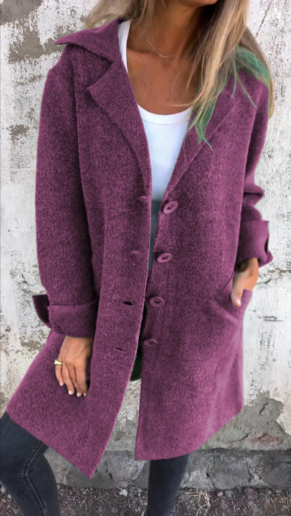 Women Long Wool Coat Lapel Button Front Jacket Pockets