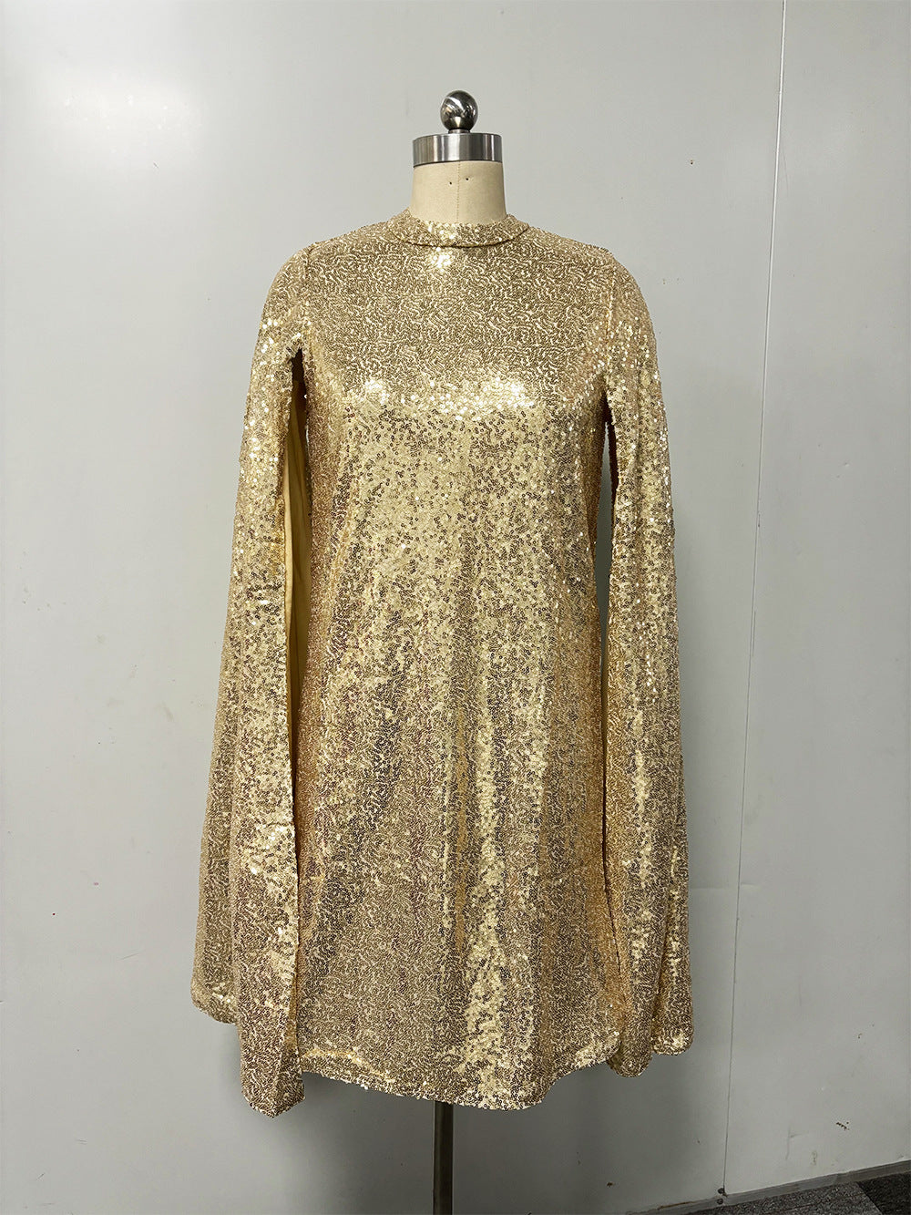 Sequin Cape Mini Dress Mock Neck Glitter Party