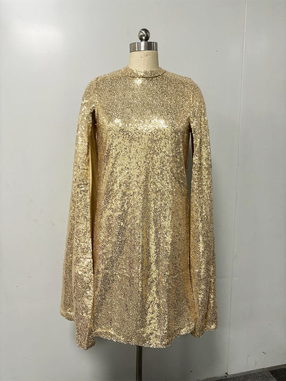 Sequin Cape Mini Dress Mock Neck Glitter Party