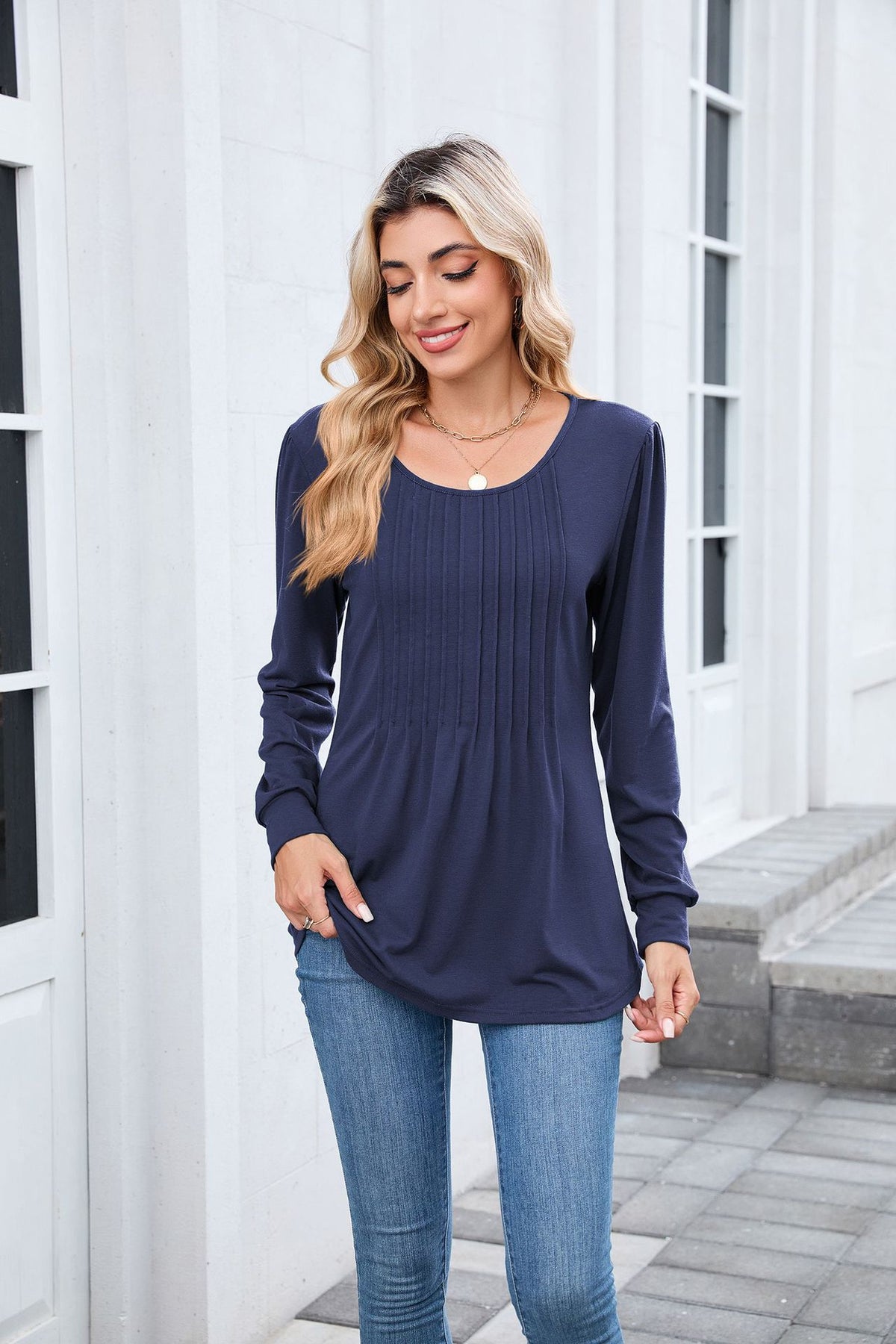 Women's Long Sleeve Pleated Tunic Top Loose Casual Blouse